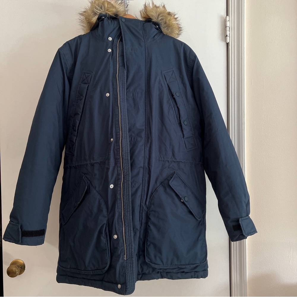 Hunter Womens Front Zip Fox Fur Trim Hooded Quilted Jacket Blue Size Medium